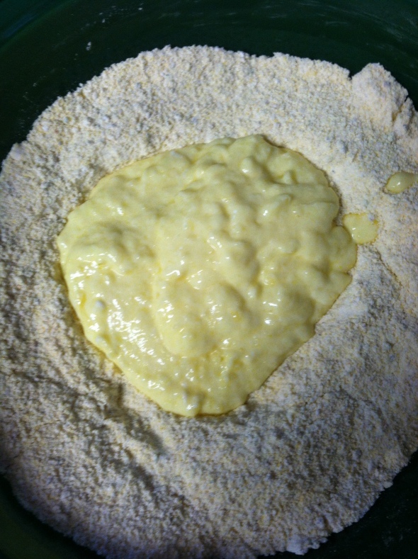 Mixing the wet and dry ingredients together--look at that lovely lemon color!